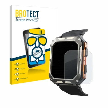 Front side of a product packaging with the brand logo BROTECT. Next to it is the device Findtime Smartwatch 1.83