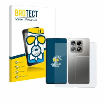 Front side of a product packaging with the brand logo BROTECT. Next to it is the device Xiaomi 14T Pro (Front+Back) shown with