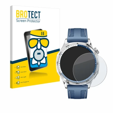 Front side of a product packaging with the brand logo BROTECT. Next to it is the device Huawei Watch GT 5 (46 mm) shown with t