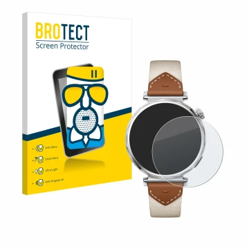 Front side of a product packaging with the brand logo BROTECT. Next to it is the device Huawei Watch GT 5 (41 mm) shown with t