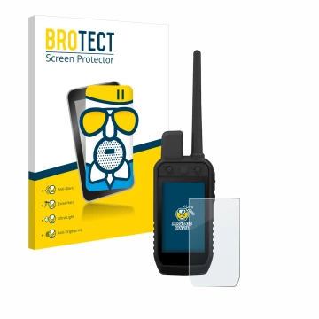 Front side of a product packaging with the brand logo BROTECT. Next to it is the device Garmin Alpha 300 K shown with the corr
