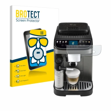 Front side of a product packaging with the brand logo BROTECT. Next to it is the device DeLonghi Magnifica Evo Next shown with