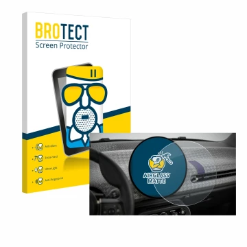 Front side of a product packaging with the brand logo BROTECT. Next to it is the device Mini Cooper Electric BJ 2024 shown wit