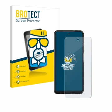 Front side of a product packaging with the brand logo BROTECT. Next to it is the device HMD Fusion shown with the correspondin