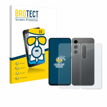 Front side of a product packaging with the brand logo BROTECT. Next to it is the device Samsung Galaxy S24 FE (Front+Back) sho