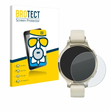 Front side of a product packaging with the brand logo BROTECT. Next to it is the device Garmin Lily 2 Active shown with the co