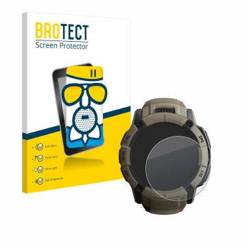 Front side of a product packaging with the brand logo BROTECT. Next to it is the device Garmin Instinct 2X Solar Tactical Edit