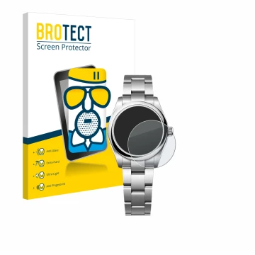 Front side of a product packaging with the brand logo BROTECT. Next to it is the device Rolex Oyster Perpetual 31 shown with t