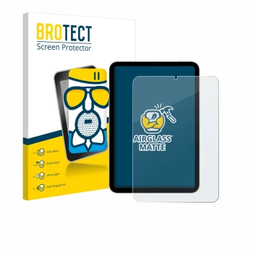 Front side of a product packaging with the brand logo BROTECT. Next to it is the device Apple iPad Mini 7 WiFi 2024 shown with