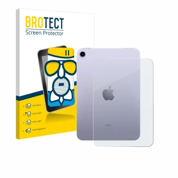 Front side of a product packaging with the brand logo BROTECT. Next to it is the device Apple iPad Mini 7 WiFi 2024 (Back) sho