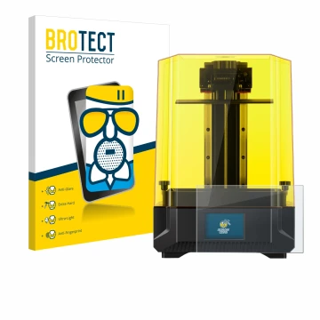 Front side of a product packaging with the brand logo BROTECT. Next to it is the device Anycubic Photon Mono X2 9,1