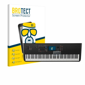 Front side of a product packaging with the brand logo BROTECT. Next to it is the device Yamaha MODX8+ shown with the correspon