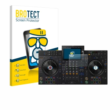 Front side of a product packaging with the brand logo BROTECT. Next to it is the device AlphaTheta XDJ-AZ shown with the corre