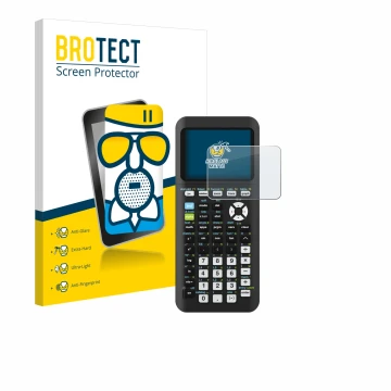 Front side of a product packaging with the brand logo BROTECT. Next to it is the device Texas Instruments TI-84 Plus CE-T Pyth