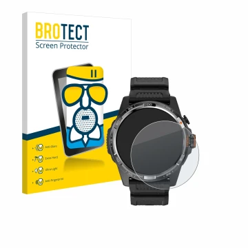 Front side of a product packaging with the brand logo BROTECT. Next to it is the device Mobvoi Ticwatch Atlas shown with the c