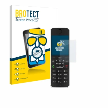 Front side of a product packaging with the brand logo BROTECT. Next to it is the device AVM Fritz!Fon C6 Black shown with the 