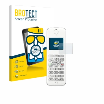 Front side of a product packaging with the brand logo BROTECT. Next to it is the device AVM Fritz!Fon M2 shown with the corres