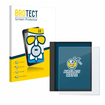 Front side of a product packaging with the brand logo BROTECT. Next to it is the device Boox Note Air 4 C shown with the corre