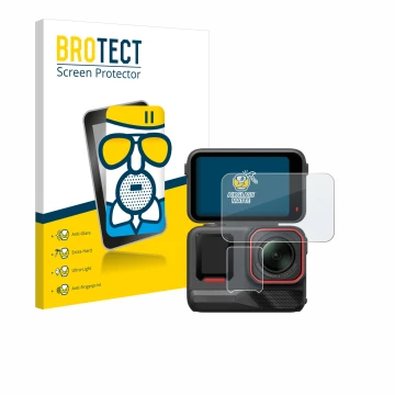 Front side of a product packaging with the brand logo BROTECT. Next to it is the device Insta360 Ace Pro 2 shown with the corr