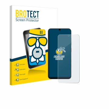 Front side of a product packaging with the brand logo BROTECT. Next to it is the device ZTE Blade A35 shown with the correspon