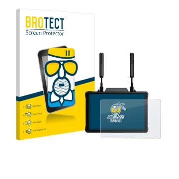 Front side of a product packaging with the brand logo BROTECT. Next to it is the device Hollyland Pyro 7 shown with the corres