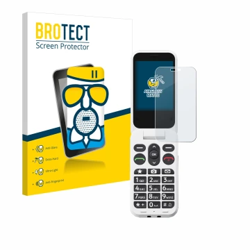 Front side of a product packaging with the brand logo BROTECT. Next to it is the device Doro Leva L20 shown with the correspon
