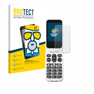 Front side of a product packaging with the brand logo BROTECT. Next to it is the device Doro Leva L30 shown with the correspon