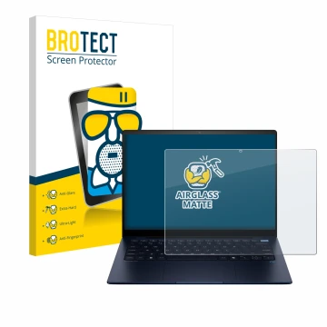 Front side of a product packaging with the brand logo BROTECT. Next to it is the device HP EliteBook Ultra 14 G1q shown with t