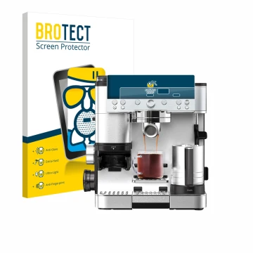 Front side of a product packaging with the brand logo BROTECT. Next to it is the device Ninja Luxe Cafe Premier ES601EU shown 