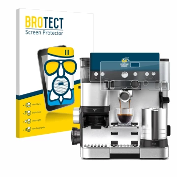 Front side of a product packaging with the brand logo BROTECT. Next to it is the device Ninja Luxe Cafe Essential shown with t
