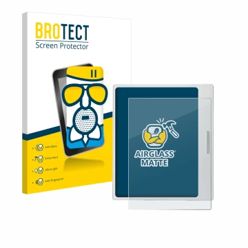 Front side of a product packaging with the brand logo BROTECT. Next to it is the device Boox Go Color 7 White Edition shown wi