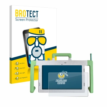 Front side of a product packaging with the brand logo BROTECT. Next to it is the device Telemarie Tablet 10.1