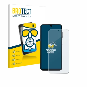 Front side of a product packaging with the brand logo BROTECT. Next to it is the device Samsung Galaxy A16 4G shown with the c