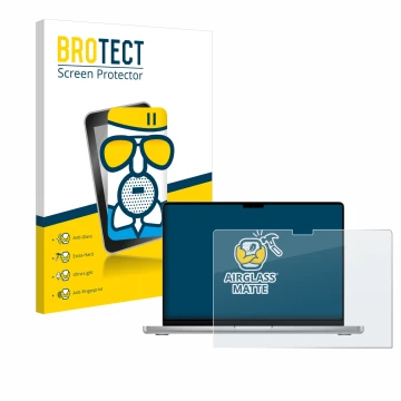 Front side of a product packaging with the brand logo BROTECT. Next to it is the device Apple MacBook Pro 14