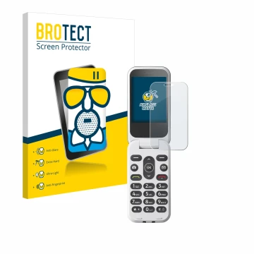 Front side of a product packaging with the brand logo BROTECT. Next to it is the device Doro 2820 shown with the corresponding