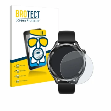 Front side of a product packaging with the brand logo BROTECT. Next to it is the device Xiaomi Watch S4 (47 mm) shown with the