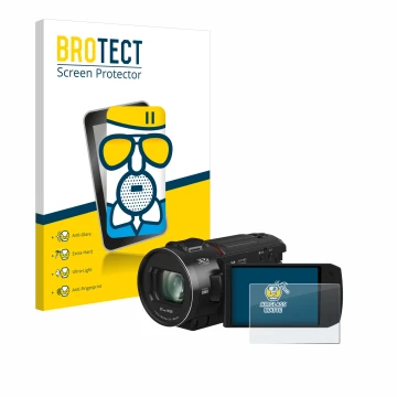 Front side of a product packaging with the brand logo BROTECT. Next to it is the device Panasonic HC-VX3 shown with the corres