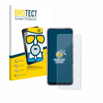 Front side of a product packaging with the brand logo BROTECT. Next to it is the device AGM X6 Phantom shown with the correspo