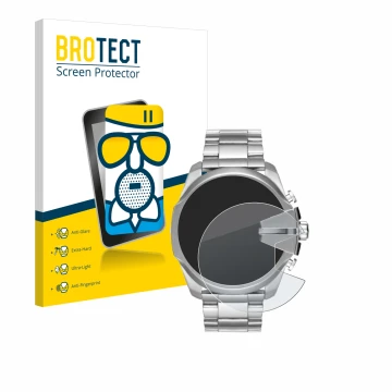 Front side of a product packaging with the brand logo BROTECT. Next to it is the device Diesel Mega Chief DZ4417 shown with th