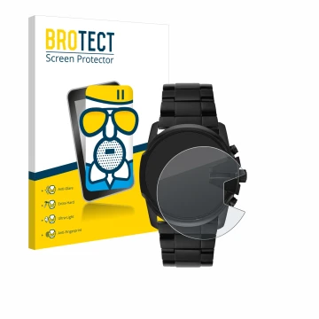 Front side of a product packaging with the brand logo BROTECT. Next to it is the device Diesel Master Chief DZ4180 shown with 