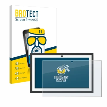 Front side of a product packaging with the brand logo BROTECT. Next to it is the device Amazon Echo Show 15 2024 shown with th