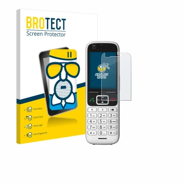 Front side of a product packaging with the brand logo BROTECT. Next to it is the device Unify OpenScape S6 shown with the corr