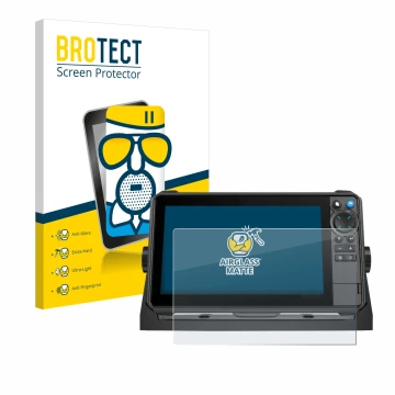Front side of a product packaging with the brand logo BROTECT. Next to it is the device Lowrance HDS-9 Pro shown with the corr