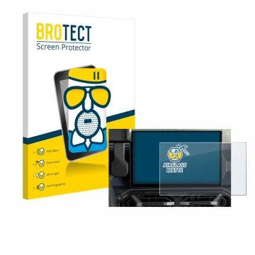 Front side of a product packaging with the brand logo BROTECT. Next to it is the device Dacia Duster Infotainment System (2024