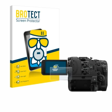 Front side of a product packaging with the brand logo BROTECT. Next to it is the device Canon EOS C400 shown with the correspo