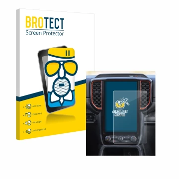 Front side of a product packaging with the brand logo BROTECT. Next to it is the device Ford Ranger XLT (2024) shown with the 