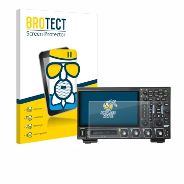 Front side of a product packaging with the brand logo BROTECT. Next to it is the device Rigol DHO914 shown with the correspond