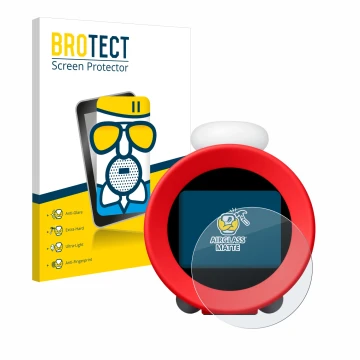Front side of a product packaging with the brand logo BROTECT. Next to it is the device Nintendo Sound Clock Alarmo shown with
