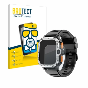 Front side of a product packaging with the brand logo BROTECT. Next to it is the device HS Smartwatch 2