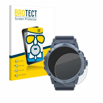 Front side of a product packaging with the brand logo BROTECT. Next to it is the device Coros Vertix 2S shown with the corresp